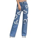 Damen Gerade Hosen Jeans Teenager Mädchen Lose Jeans mit Love Monochrom Graffiti Bedruckte Casual Fashion Jeanshose Straight Herz Freizeithosen Frühling Alltagskleidung Lange Hose
