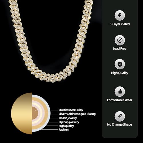 Mens Cuban link Chains Iced Out Miami Cuban Necklace Bling Diamond Hip Hop Jewelry for Men Women 13mm Silver/Yellow Gold/Rose Gold4