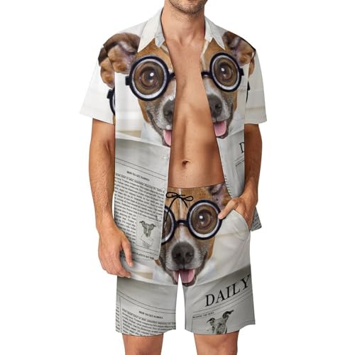 Chemise Hawaïenne Chien À Lunettes Ensemble Short Pantalon Plage Homme Été S