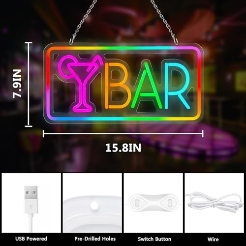 Image of Bar Neon Sign, LED Sign for Wall Decor, LED Neon Light Signs for Home, USB Powered Bar lights for Cocktails Man Cave Party Club, Christmas Gifts