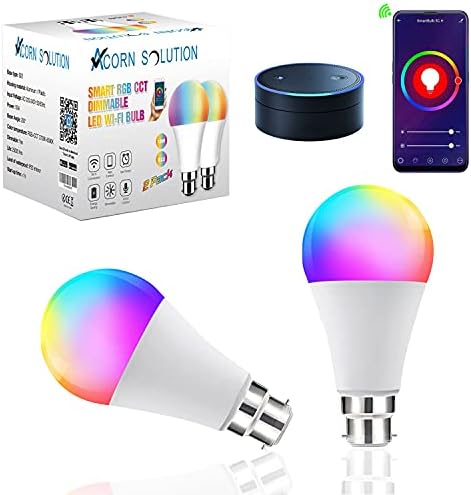 AcornSolution 2 Pack Alexa Smart Bulb WiFi Light Bulbs B22 Bayonet,10W 1000LM, App or Voice Control, Dimmable White and RGB Colour Changing Light Bulb Pack of 2
