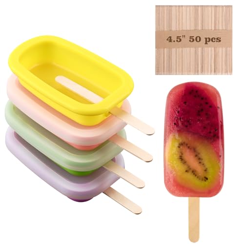 Sakolla 4 Pcs Silicone Popsicle Molds with Lid & 50 Pcs Wooden Popsicle Sticks, Stackable Classic Oval Ice Cream Molds for Homemade Ice Pop, Cakesicles, Freezer Yogurt and Fruit Juice (Multicolor)