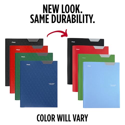 Image of Five Star 2-Pocket Plastic Folder with Stay-Put Tabs and Prong Fasteners, Holds 8.5 inch x 11 inch Paper, Assorted Colors, 4 Pack (340300A)