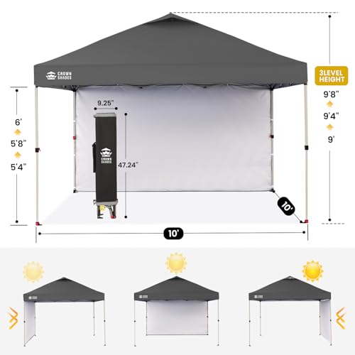CROWN SHADES 10x10 Pop Up Canopy with 1 Side Wall - Beach Tent with One Push Setup - Outdoor Sun Shade for Events, Parties, Camping - Gazebo with STO-N-Go Cover Bag (Grid Grey) - Image 4