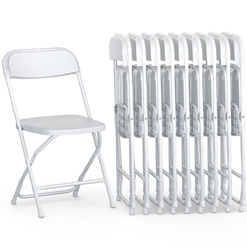 10 Pack Foldable Plastic Chair | Folding & Stackable | 350 lbs Capacity Steel Frame Seats for Indoor Outdoor | Commercial Use Events Wedding Party Bulk Picnic Kitchen Dining – White