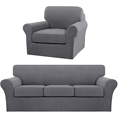 Turquoize 4 Pieces Sofa Covers for 3 Individual Cushion Couch Sofa Slipcover Bundle 2 Pieces Chair Slipcover, Gray