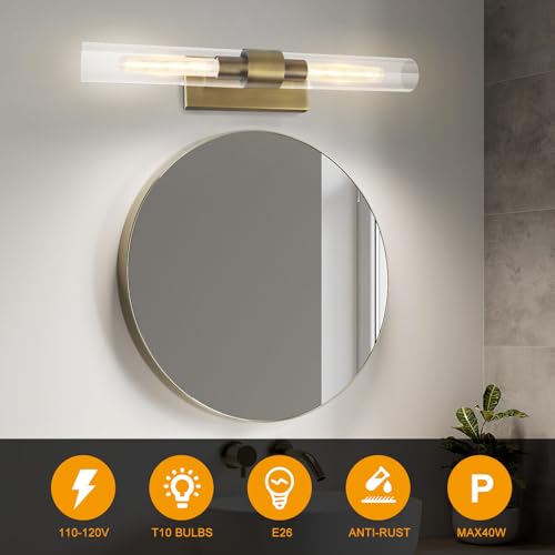 Image of Glass Tube Wall Sconces, 24in Bathroom Vanity Light Fixtures 2-Light Double Glass Sconces Wall Lighting Bathroom Wall Lights for Mirror, Living Room, Bedroom, Hallway (Including Extra Bulbs)-Brass