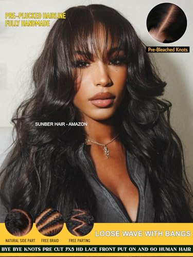 Image of Sunber 7x5 Glueless Wig Fluffy Natural Loose Wave Curtain Bangs Human Hair