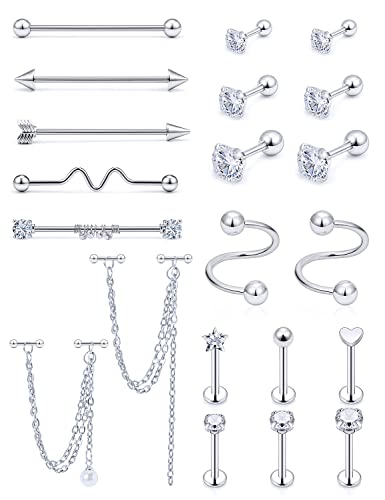 Dyknasz 21Pcs 14G Industrial Earrings Stainless Steel Industrial Barbell Cartilage Earrings with Chain Triple Forward Helix Stud Tragus Ear Hoop Ring Piercing Jewelry for Women Men