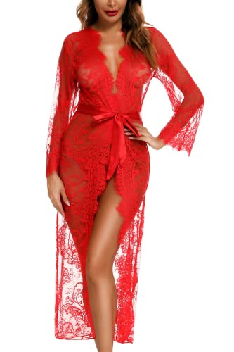 RSLOVE Peignoir Femme Lingerie Sexy Longue Robe Kimono en Dentelle Nuisette 3 Pièces Rouge M Cover