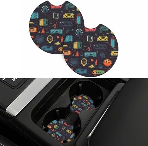 Car Cup Holder 2 Pack Car Coaster with A Finger Notch Game Video Gaming Pattern Cup Holder Non-Slip Car Cup Coaster Car Interior Accessories Round Auto Drink Coaster for Most Vehicle