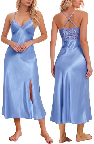 Image of ALCEA ROSEA Women Silk Satin Nightgown Sexy Lace Chemise Lingerie Long Sleepdress for Ladies Sleepwear Slip Negligee