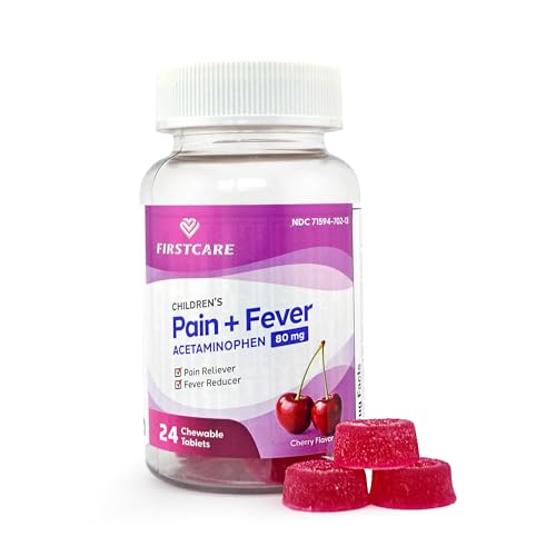 FirstCare Childrens Pain Reliever & Fever Reducer Gummy-Like Soft Chewable Tablets Easy-to-Take Acetaminophen 80 mg for Kids Ages 211 Cherry Flavor 24 Count