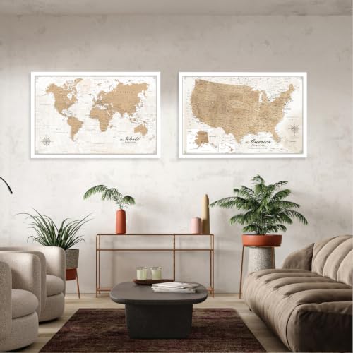 Image of IPIC Vintage World Maps for Wall, World Map Canvas, Total Size 42x28 in