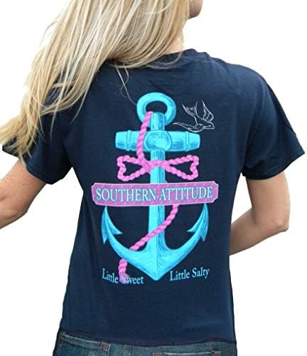 Southern Attitude Women's Salty Navy Anchor Bow Tie Preppy Little Sweet Little Salty Short Sleeve T Shirt (Large)