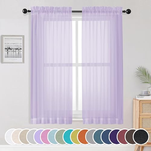 Image of OWENIE Light Purple Sheer Curtains 63 inch Length 2 Panels Set, Rod Pocket Light Filtering Fimly Sheer Curtains for Bedroom Living Room, Soft Solid Color Voile Sheer Curtains, 42Wx63L inch