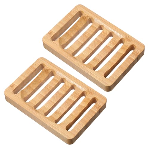 Shimmeroo Lot de 2 porte-savons en bois de bambou naturel auto-drainant pour salle de bain, douche, baignoire, cuisine, éponges, séchage facile, prolonge la...