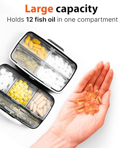 Travel Pill Organizer - Airtight Medicine Case for Traveling Portable Pharmacy Box with Labels Vitamin Container 8 Compartment Supplement Medication Holder Large Capacity Daily (Black) - Thumbnail 6