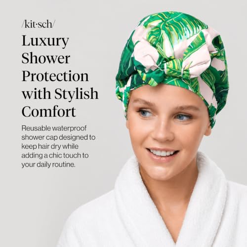 Image of Kitsch Luxury Large Shower Cap for Women - Palm Leaves | Shower Caps for Women Reusable Waterproof - Non-slip, Comfortable Quick-dry Hair Shower Cap for All Hair Types