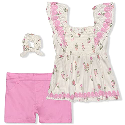 Nannette Girl's 2 Pack Ruffled Smock Blouse and Shorts Set with Hair Scrunchie, Pink, Size 5