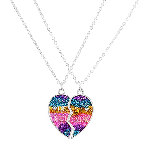 COLORFUL BLING 2 Pcs Set Best Friends Forever Half Heart Pendant Panda Kola Necklace Couple Lover BFF Friendship Jewelry for Women, enamel Crystal Metal, alloy