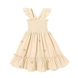 Toddler Baby Girls Dress Floral Embroidered Boho Sleeveless Beach Butterfly Sundress(Khaki and Flowers,5-6T)