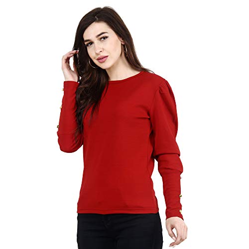 Image of POPWINGS Casual Solid Puff Button Long Sleeves Tops for Women || Summer Round Neck and Stylish Western Top for Women