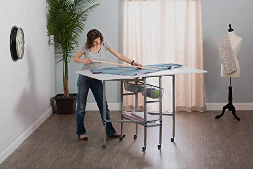 Sew Ready Hobby and Cutting Table - 58.75" W x 36.5" D White Arts and Crafts Table with 2 Mesh Storage Drawers, Silver/White
