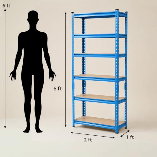 Image of Amazon Basics 6-Tier Storage Rack | Bolt-Free Assembly | Metal Stand & Thick MDF Board | 175kg Capacity Per Shelf | 72H x 24W x 12D inch Adjustable Shelf Rack for Home, Garage & Shop | Blue