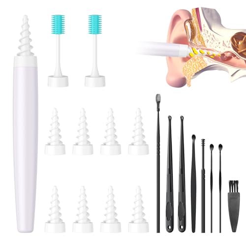 Ear Wax Removal Tool, Ear Cleaning Kit with 9 Reusable Washable Replacement Soft Spiral Tips for Ear Wax Removal, Ear Wax Removal Kit with 2 Fine Silicone Brush Head & 7 Pcs Ear Pick