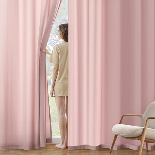 Image of MIULEE Light Pink Semi Sheer Privacy Curtains Drapes 2 Panels 52W x 84L | Semi sheer privacy, non-see-through, light filtering, fits kitchen, bathroom, bedroom