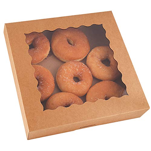 Tcoivs 20-Pack Pie Boxes 12" x 12" x 2.5", Bakery Boxes with Window, Large Cookie Boxes, Auto-Popup Treat Boxes for Pies, Muffins, Donuts and Pastries (Brown)