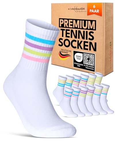 6 Paar Tennissocken Damen 35-38 Weiß Sportsocken Atmungsaktiv Damensocken Baumwolle Retro Crew Socken (Weiß bunte Ringel 35-38)