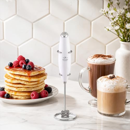 Image of Zulay Kitchen Powerful Milk Frother Wand With Duracell Batteries - Ultra Fast Handheld Drink Mixer - Electric Whisk Foam Maker for Coffee, Lattes, Cappuccino & Matcha - Triple Whisk - Luna White