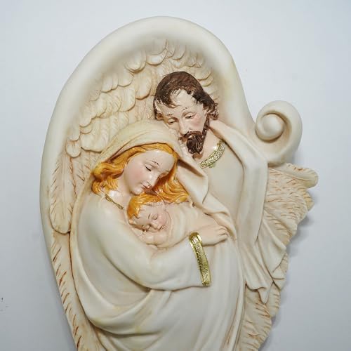 Image of DDSS DD-358 Holy Family of Mother Mary, Joseph, Jesus Christ Idol Statue Sculpture, Wall Hanging Home Decor in Poly Stone Ivory Marble Finish Size: 30cm X 15cm