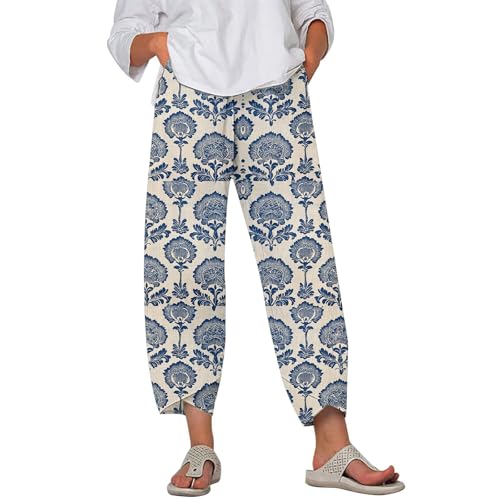 Image of DMOYALA Linen Pants for Women Summer Casual Wide Leg Capri Pants Loose Fit Palazzo Pants Cropped Beach Pants with Pockets