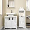 SoBuy Mobile Bagno Salvaspazio Colonna Armadietto Alto Con 6 Ripiani Regolabili, Mobiletto Da Bagno Con Ante In Bambù, Mobiletto Stretto Per Piccoli Spazi, Bianco, 20x20x180cm, BZR34-BW