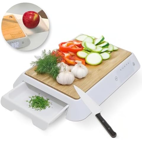 2-in-1 Bamboo Cutting Board w/Built-in Digital Food Scale - Multifunctional Food Prep Station with Sliding Trays for Easy Organization, Weighing, and Chopping Cover