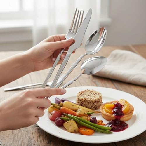 Image of 15 Pcs Silver Cutlery Set for Dining Table the Perfect Lightweight Silim Handle Tableware Including Dinner Spoon, Dinner Fork, Dinner Knife, Dessert Spoon & Dessert Fork