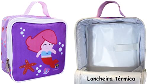 Kit Mochila Infantil Sereia Tam G Meninas Escolar Rodinhas Lancheira Estojo