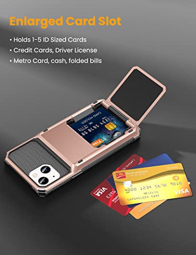 Titacute For Iphone 14 13 Case Wallet 5 Credit Card Holder Flip Cover Design Id Slot Back Pocket Dual Layer Armor Scratch Resistant Hard Shell Hybrid Protective Bumper For Iphone 14 6.1 Rose Gold #TOP2