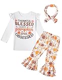 Toddlers Girl Thanksgiving Outfit Baby Girl Thankful Blessed and Pumpkin Spice Obsessed Clothes (White 3-4T)