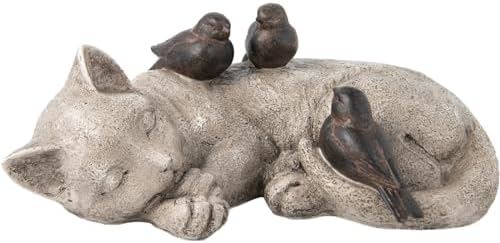 Sleeping Cat Garden Statues Outdoor – 12″Sparrows On Cat Figurine Memorial Statue Grave Markers Garden Resin Sleeping Cat Statues for Garden Decor Outdoor Cat Statue Resin 12″ x 8″ x 4.5″LC LCdecohome