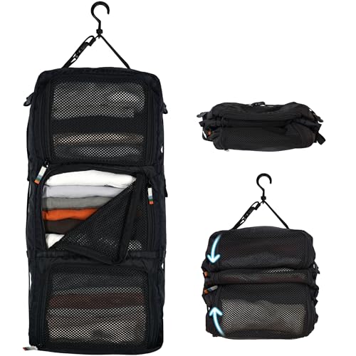 TRAVEL DUDE Hanging Packing Cubes with Compression made from Recycled Plastic Bottles | Hanging suitcase organizer for backpack | Portable travel racks packing bags in black