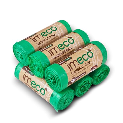 Image of IMECO Eco Garbage Bags | 180 Pcs | Medium - 19 x 21 Inches | 30 Pcs x 6 Rolls | Green | Biodegradable Dustbin /Trash Bags with Detachable Drawstrings | Perfect for Dry & Wet Waste