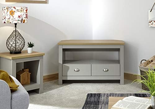 Home Source Corner TV Stand Open Shelf Oak Top Metal Handles Runners, Grey, 2 Drawer