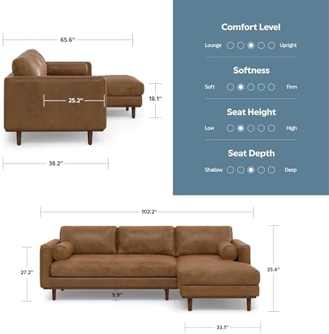 SIMPLIHOME Morrison Right Sectional Sofa in Full-Grain Genuine Leather, Caramel Brown, 102-inches Wide, L-Shaped Leather Couch with Right Chaise for the Living Room and Family Room - Thumbnail 4