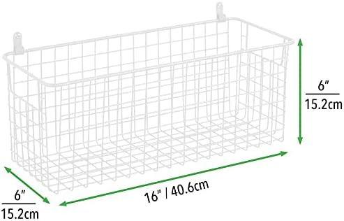 mDesign Hanging Storage Basket  Medium Size Wall-Mounted Metal Wire Basket  Multi-Purpose Organiser Tray for Household Items  Set of 2  Matte White