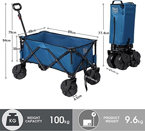 Timber Ridge Collapsible Folding Festival Wagon, Pull Along Trolley on Wheels with Adjustable Handle Cover Bag Drink Holders, Camping Outdoor Garden Picnic Shopping Beach, Blue