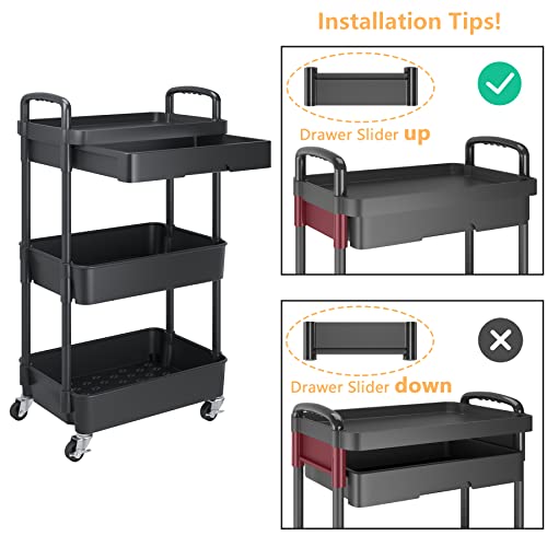 Calmootey 3-Tier Rolling Utility Cart With Drawer,Multifunctional Storage Organizer With Plastic Shelf & Metal Wheels,Storage Cart For Kitchen,Bathroom,Living Room,Office,Black #TOP5